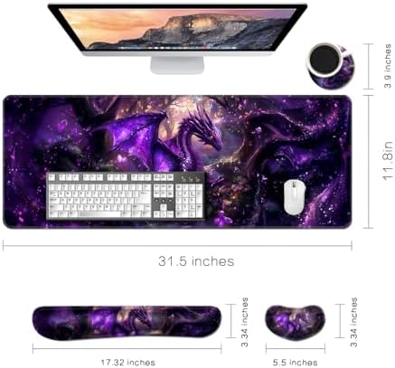 MIBITRI Keyboard Mouse Pad Set, Extended Gaming Mouse Pad+Ergonomics Keyboard Wrist Rest Support, Memory Foam, Easy Typing Pain Relief, 4Pcs XXL Ultra Thick Desk Mat, Dragon