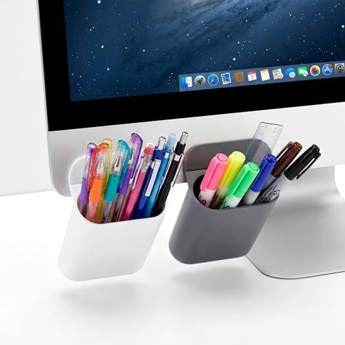 Resurhang 6 Pcs Monitor Pen Pencil Holders DIY Screen Pen Holder Computer Monitor Pencil Holder Desktop Accessories PP Self Adhesive Desk Organizer for Office Classroom Gadget Storage(Gray, White)