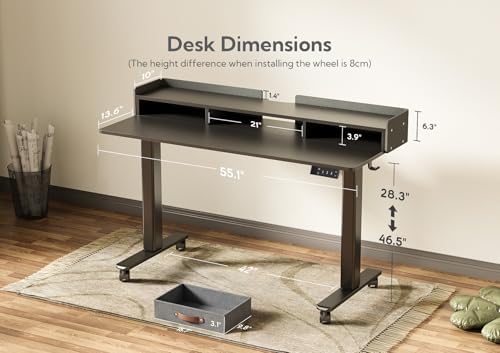 Claiks Standing Desk with Drawers & Wheels, 2 Height Shelf 55inch Black