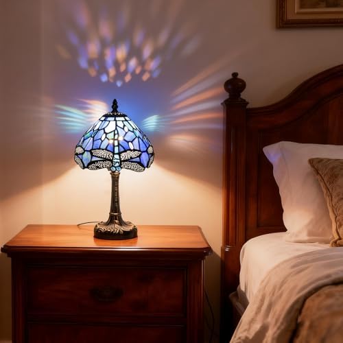 Stained Glass Bedside Small Table Lamp, Adjustable 3 Color Temperature, Blue Dragonfly Style Lampshade & Antique Leaf-Patterned Relief Base Desk Nightstand Light Decor for Bedroom Bookcase