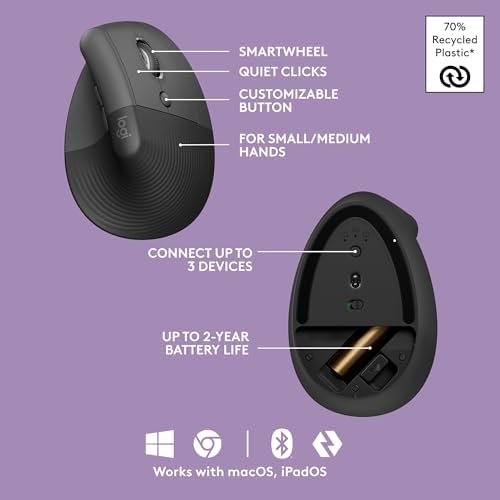 Logitech Wave Keys & Lift Vertical Mouse - Ergonomic Bundle — Wireless Keyboard with Cushioned Palm Rest & Vertical Wireless Mouse - Easy-Switch, Bluetooth, for Multi-OS, Windows/Mac - Graphite