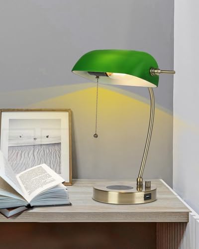 Stepless Dimmable Green Glass Bankers Desk Lamp,LED Bulb Included