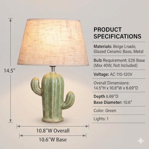Cactus Lamp, Cute Modern Desk Lamp with Beige Linen Fabric Lampshade & Ceramic Base, Adorable Night Light for Bedroom Nightstand
