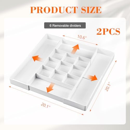 Briwooody 2 Pcs Expandable Drawer Organizer, White, 13 Compartments