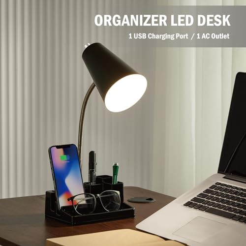 Small Desk Lamps for Home Office, Table Lamp with USB Port and Outlet, Desktop Lamp with Pen Holder, Flexible Neck Desk Lamp, Black Table Lamp for Reading Study