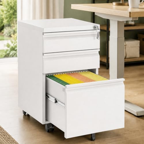 3 Drawer Metal File Cabinet with Lock & Rolling Casters