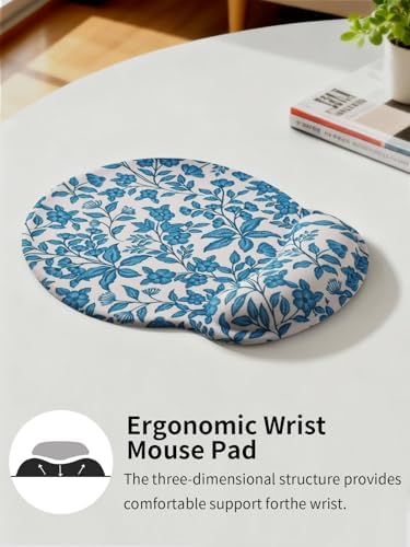Seorsok Floral and Leaves Mouse Pad with Gel Wrist Support Mouse Pad,Ergonomic Aesthetic,Comfortable Mousepad for Office Game Work Computer,Pain Relief Mousepad with Non-Slip Silicone Base,Blue