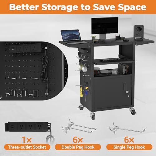 Mobile AV Cart with Pullout Keyboard Tray, Rolling Computer Cart Height Adjustable Rolling Media Utility Cart with 4 Wheels