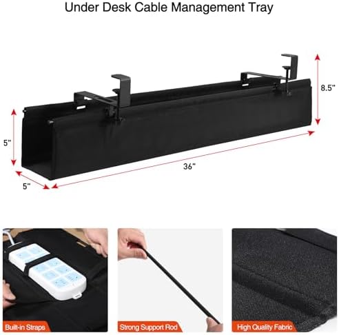MAXECHO Under Desk Cable Management Tray 36" - Clamp on Wire and Cable Organizer for Storage and to Hide Cords - Ideal for Home Office - Premium Black Fabric Design