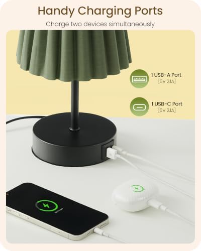 Small Bedside Table Lamp, Touch Dimmable Table Lamp with USB Ports, Nightstand Lamp with a Stepless Dimming LED Bulb, E26 Base, for Bedroom, Study, Desk, Black and Green J16TL05
