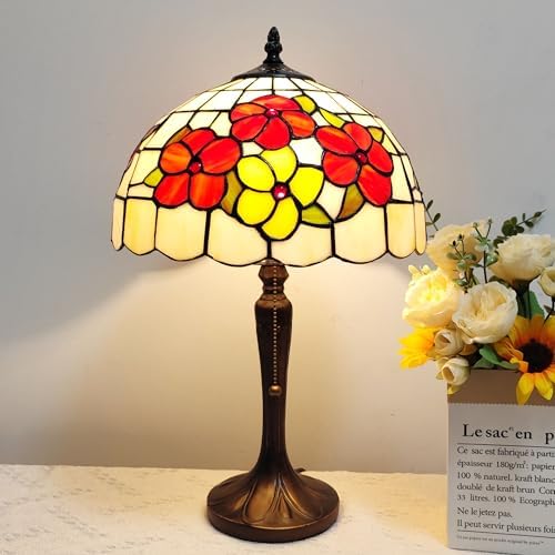 Tiffany Style Table Lamp Antique Stained Glass Lamp Red Flower Style Desk Bedside Light for Home Bedroom Living Room Office with LED Bulb