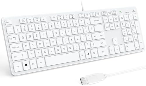 Wired USB Keyboard, Comfortable Quiet Chocolate Keys, Durable Ultra-Slim Computer Keyboard Wired(QWERTY) for PC, Windows 11/10/8/7/XP/Vista KB1430 (White, Wired Keyboard for Windows)