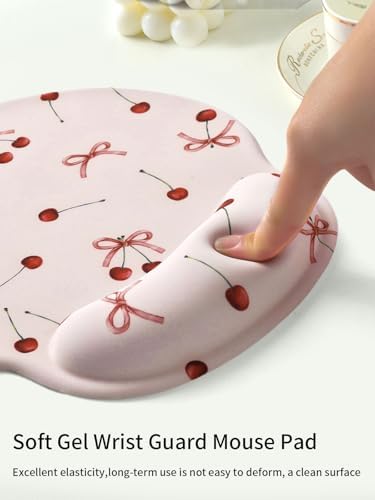 Seorsok Retro Ribbon Bow Cherry Mouse Pad with Gel Wrist Support Mouse Pad,Ergonomic Aesthetic,Comfort Mousepad for Office Work Computer,Pain Relief Mousepad with Non-Slip Silicone Base,Pink