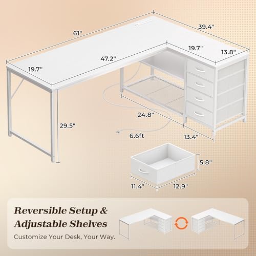 PRAISUN 61" L Shaped Desk with Power Outlets & 4 Drawers