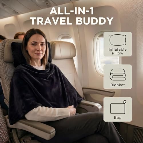 Dot&Dot Travel Pillow and Blanket Set, 2-in-1 Airplane Travel Essentials with Soft Flannel Travel Blanket, Inflatable Pillow, Compact Carry Bag with Carabiner for Flights, Camping, Cruise Ship, Car