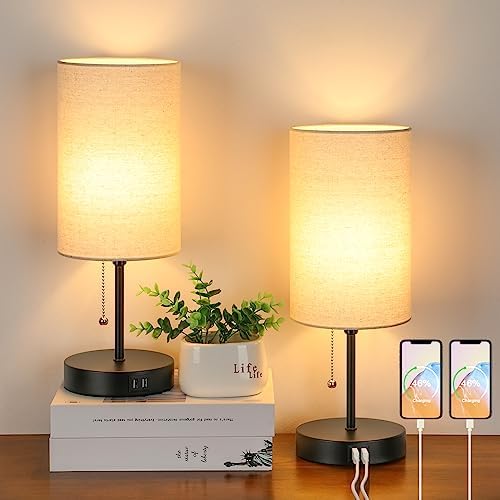 Lakumu 2 Sets Table Lamps with 2 USB, Minimalist Beside Lamps for Bedroom