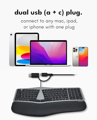 Macally Wired Ergonomic Keyboard for Mac - USB Hub, Backlit Keys, Dual USB C + A Plug, Split Design, Padded Wrist Cushion - Compatible Apple Keyboard for MacBook Pro/Air, iMac, iPad - Space Gray