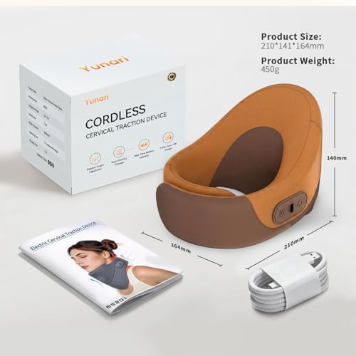 Yunari Cordless Neck Brace for Cervical Spine Posture Correction and Support, Patented Traction Device with Intelligent Adjust and Hot Compress, Neck Brace for Men and Women, （Brown, Medium）