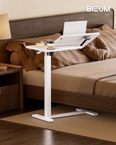 BZIUM Overbed Bedside Table with Hidden Wheels, Adjustable Medical Tilt Top Hospital Bed Table Over The Bed, Rolling Desk Mobile Standing Desk (27.6x15.8, White)