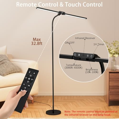 SIBRILLE LED Floor Lamp, 24W Dual Head Dimmable Standing Lamp with Remote & Touch Control, Adjustable Gooseneck, 3000K-6500K Modern Reading Lamp for Living Room, Bedroom, Office & Crafts