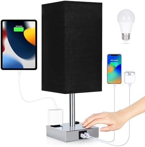Bedside Lamp with USB Ports - Touch Control Table Lamp for Bedroom with USB C+A Charging Ports & AC Outlets, 3 Way Dimmable Nightstand Light for Living Room (Bulb Included, Black)
