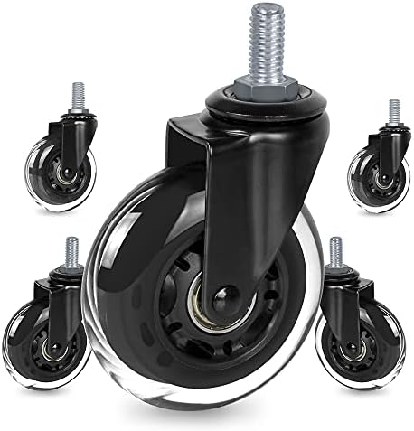 Replacement Office Chair Caster Wheels by 8T8, Set of 5, Rubber Chair Casters with Threaded Stem 3/8''-16X1(NOT Metric M10), Quiet and Smooth Gliding,Safe for Woood Hardwood Carpet Floors