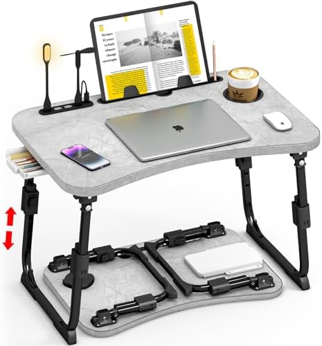 Lap Desk for Bed Adjustable Height, Foldable Bed Table with Storage Drawer, Tablet Slot & Cup Holder, Portable Laptop Stand for Bed & Sofa, Bed Desk for Adults & Kids, Light Stone Color