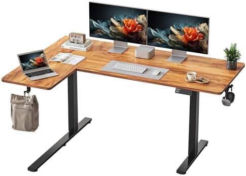 YIHAYO Reversiable L-Shaped Electric Standing Desk, 59 Inches Stand Up Corner Desk, Sit and Stand Up for Work Office Home, Computer Table with Splice Board, Rustic Brown Top