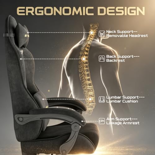 Ferghana Ergonomic Velvet Fabric Gaming Chair with Embroidery Fire, Massage Lumbar Support & Retractable Footrest, Reclining Racing Computer Office Desk Chair for Adults, Black
