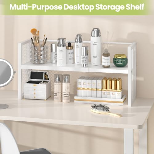 ThreeHio Expandable Desk Shelf Organizer, Desktop Bookshelf Adjustable Height, White Book Shelf for Top of Desk Organizers and Accessories, Metal Countertop Storage Display Rack for Home Office Dorm