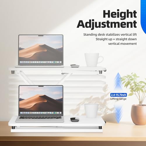 Standing Desk Converter 24 Inch, Height Adjustable Sit to Stand Desk Riser, Ergonomic Desktop Workstation for Laptop and Single Monitor, Home Office Computer Desk Riser-White