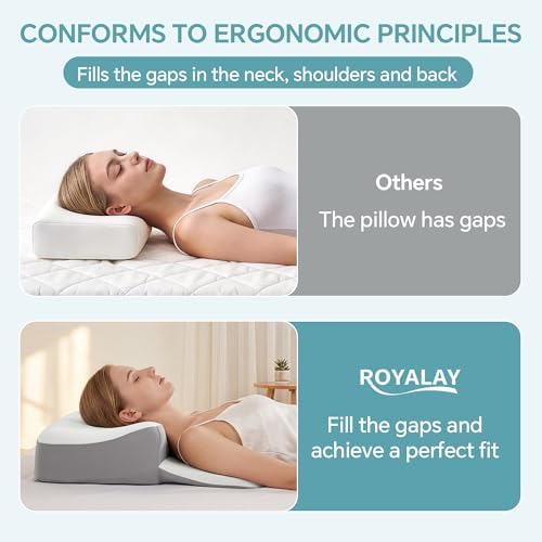 ROYALAY Cervical Neck Pillow for Neck and Shoulder Pain Relief, Ergonomic Memory Foam Core with Cooling Cover, Neck Pillow for Sleeping, Support for Back Sleepers Includes 2 Machine Washable Covers