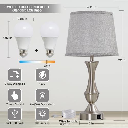 Touch Table Lamps Set of 2, 22" Tall Bedside Lamps, Nightstand Lamps