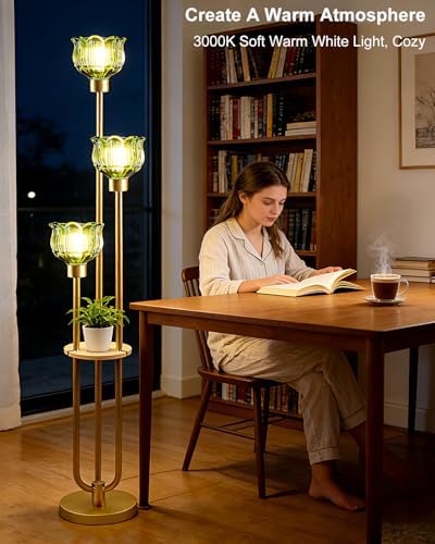 Lightdot Flower Glass Floor Lamp with Shelf Green Floral Gold Floor Lamps