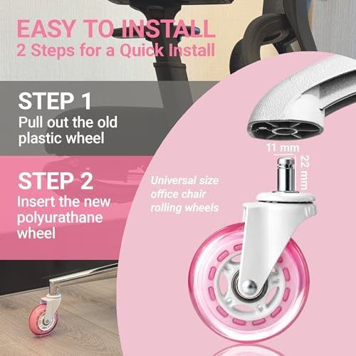 Pink Office Chair Caster Wheels Set of 5, 3 Inch Heavy-Duty Rubber Chair Casters Replacement, Computer Gaming Desk Caster Wheels Smooth Rolling for Hardwood Carpet Tile Floors, 11 * 22mm Universal fit