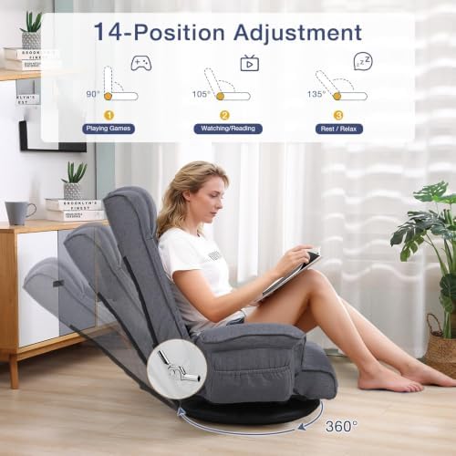 Linen Fabric Ergonomic Gaming Chair, 6-Position Reclining Sofa Bed with Lumbar Support, Foldable Floor Lounger with Thick Cushion, Armrests & Side Pockets for Esports, Reading, Napping (Gray)