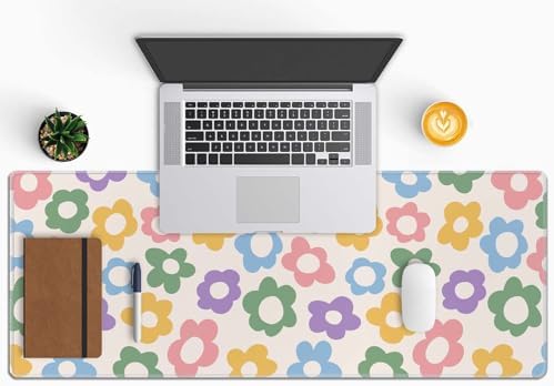 Large Gaming Mouse Pad with Stitched Edges, Colorful Groovy Flowers Desk Mat Extended Keyboard Pad, Non-Slip Rubber Base Desk Pad for Keyboard and Mouse, 31.5X11.8 inch
