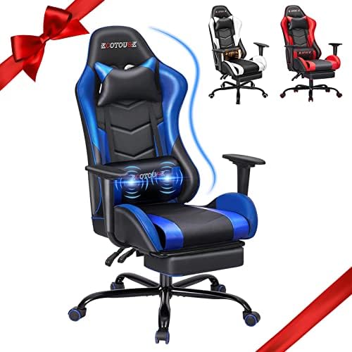 ECOTOUGE Blue Ergonomic PC Massage Gaming Chair with Footrest