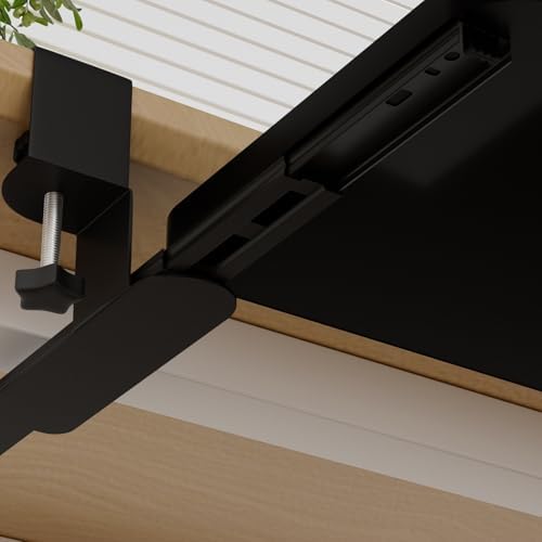 diowewea No-Drill Under-Desk Keyboard Tray, Tray with Adjustable C Clamp, Drawer Desk Extender, Pull Out Keyboard Holder, Black Black