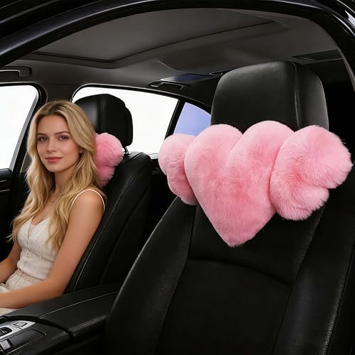2 Pack Heart Shaped Plush Car Neck Pillows, Soft Pink Headrest Cushion for Driving Travel Office Chair, Cute Car Interior Decor Accessories for Women Girls（Pink）