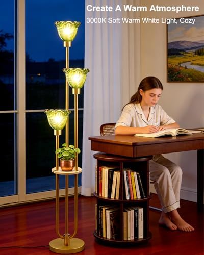 Lightdot Green Flower Glass Floor Lamp with Table Gold Floor Lamp 3-Light