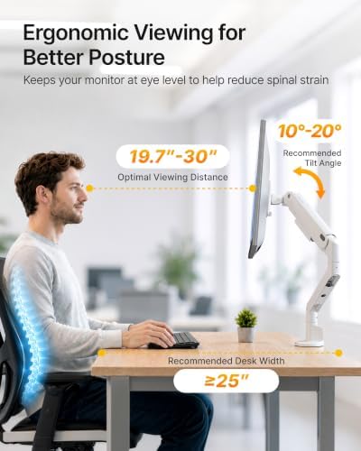 monTEK Aluminum Single Monitor Arm, 26.4 lbs, 17–40" Full Motion，White