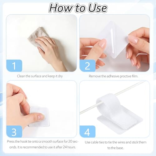 Cable Management Under Desk Detachable Cable Straps, White, 20 Pack
