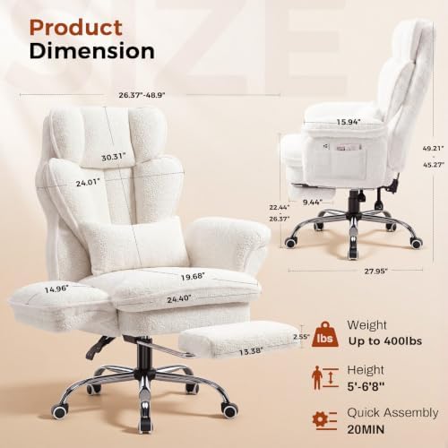 GTPLAYER Big and Tall Office Chair Flip Armrests Criss Cross Desk Chair with Pocket Spring Cushion & Ergonomic Lumbar Support for Lower Back Pain Relief Wide Seat Comfy Teddy Fleece,White