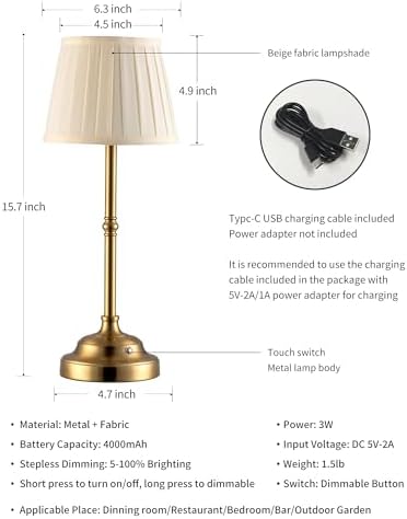 KDG Gold Cordless LED Table Lamps Set of 2, Beige Fabric Shade Desk Lamps