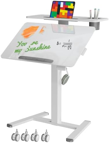 28" Glass Standing Desk, Tiltable Top with 2-Tier Shelves, White