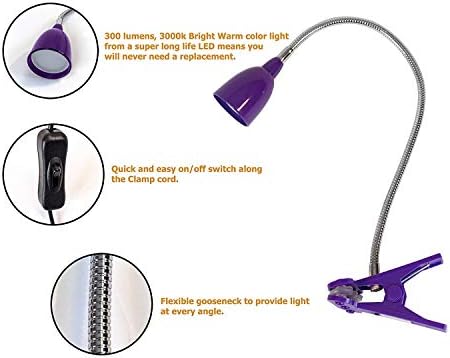 Newhouse Lighting LED Clip on Light/Clamp Lamp/Reading Book Light for Desk, Bed, Office, and Dorm Room, Purple