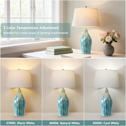 QiMH 28" Ceramic Table Lamp, 3 Color Temperatures Lamp for Bedroom with Memory Function, Nightstand Lamp with Linen Shade, Modern Glaze Bedside Lamp for Living Room, Teal, 2700K LED Bulb Included