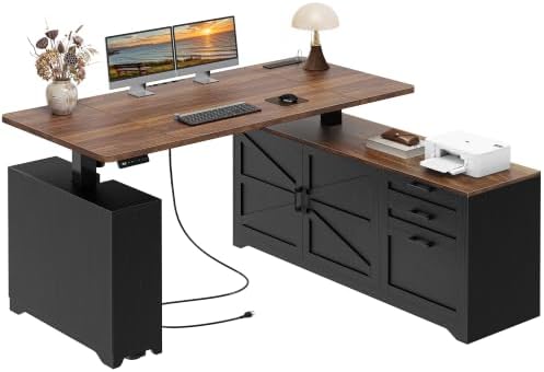 PRAISUN 55'' Farmhouse L Shaped Standing Desk with Outlets and Drawers