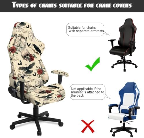 Halloween Vintage Skull Rose Gothic Gaming Chair Cover Stretchable Game Chair Slipcovers with 2 Armrest Covers, Scratch-Proof Gamer Desk Chair Covers for Computer Office Seat